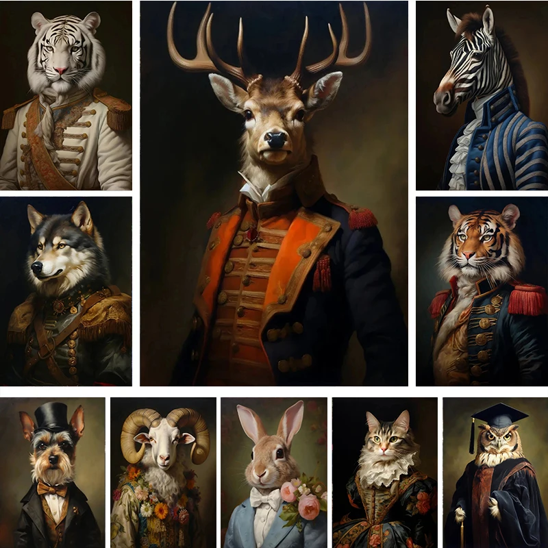 Póster Artístico Vintage de Palacio Aristocrático con Hermosos Disfraces de Animales: Tigre, León, Ciervo, Cuadros en Lienzo, Arte de Pared, Imágenes Decorativas para el Hogar y la Habitación