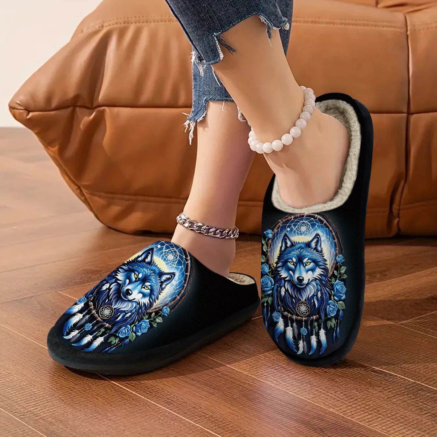شبشب Cozy Wolf Dreamcatcher للنساء - نعل شتوي ناعم غامض داخلي/خارجي مع نعل مطاطي غير قابل للانزلاق،