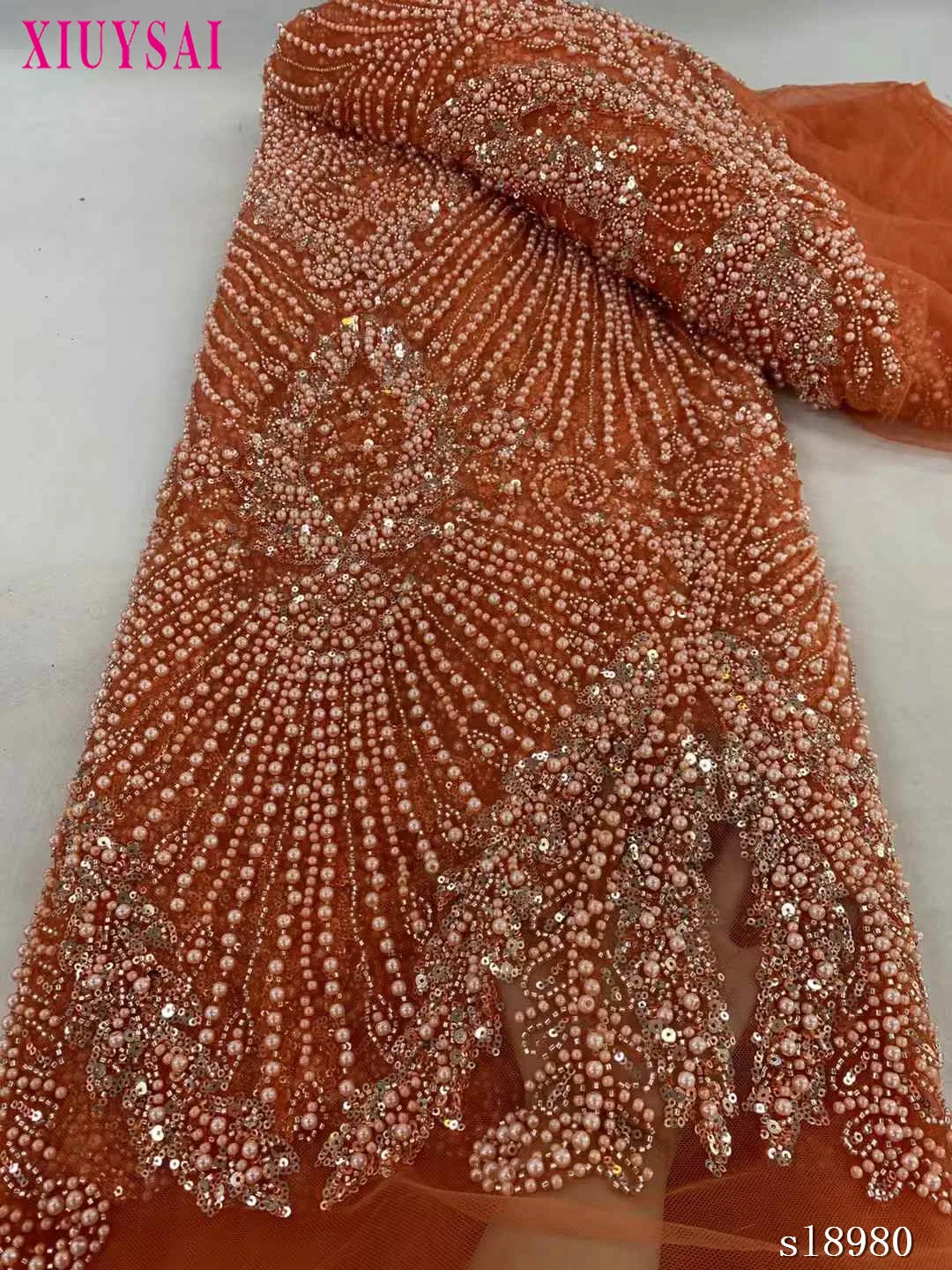 5 Yards African Sequins Lace Fabric 2024 High Quality Lace Embroidery Beaded Mesh Fabric For Women Wedding Party Dress