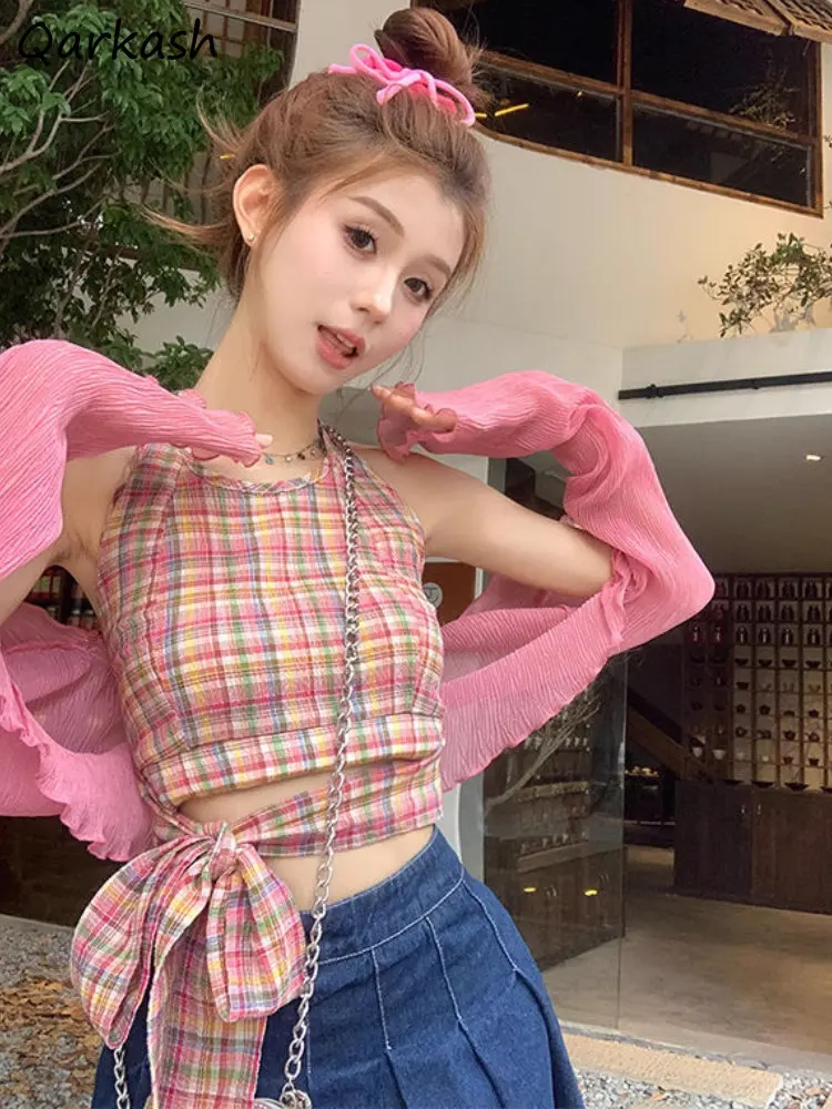 2 Pcs Sets Women Hotsweet Irregular Plaid Tanks Sun-proof Crop Jackets Summer Girls Fashion Tender Aesthetic Harajuku All-match