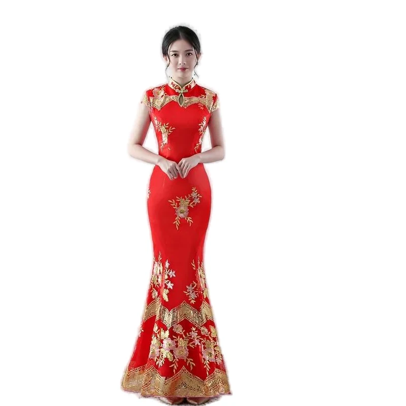 Fashion Dress Women Chinese Formal Cheongsam Long National Dress Women Embroidery Sequined Mermaid Evening Gown Qipao Floral