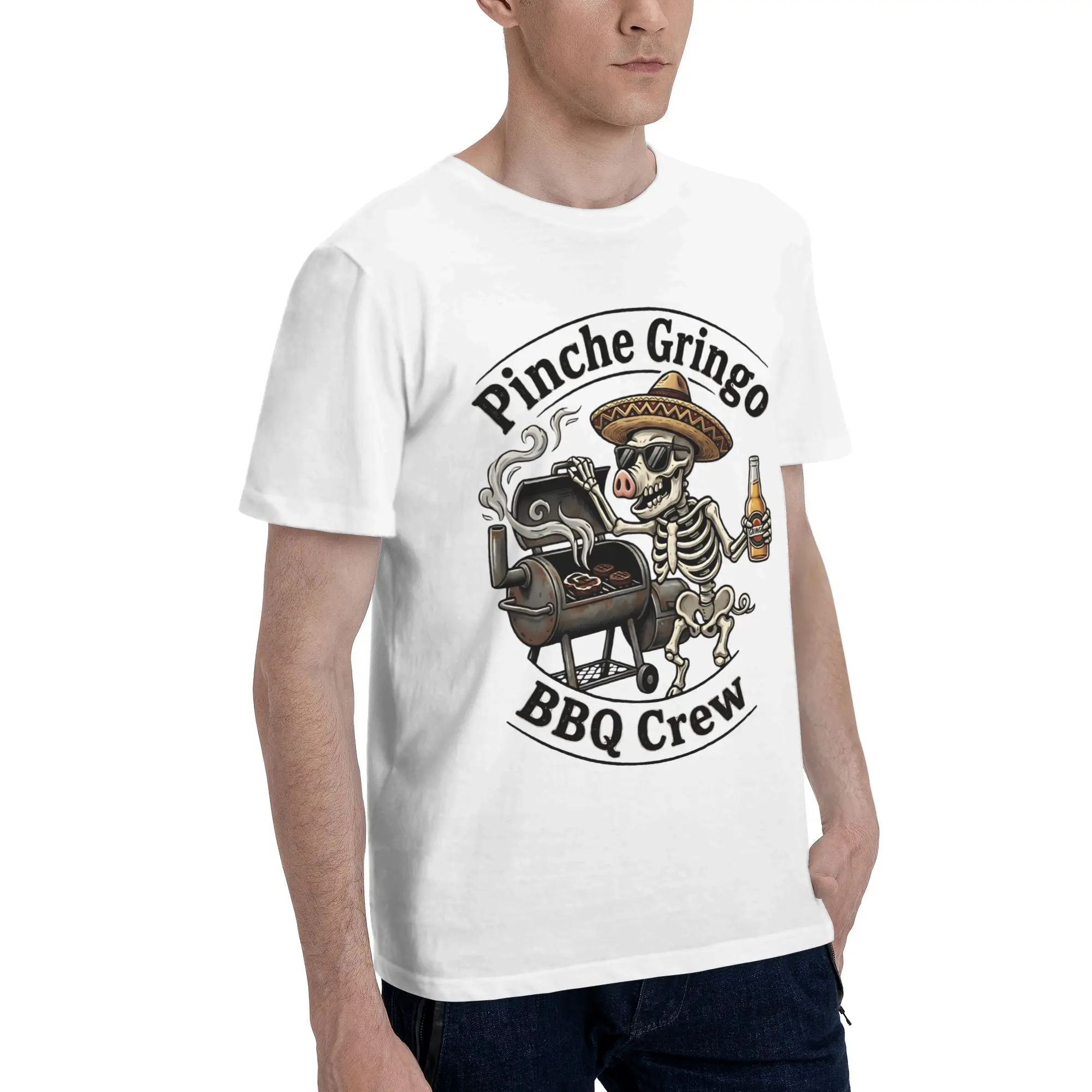Men Women Pinche Gringo BBQ Crew Skeleton Grilling Beer T Shirt 100% Cotton Graphic Print Tee Shirts  Top Clothing
