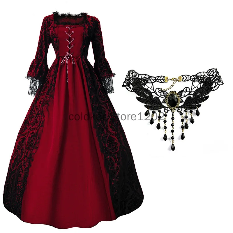 

Halloween Costume Elegant Victorian Gothic Medieval Dress Set for Women Carnival Maxi Dress Floral Female Fairy Long Dress