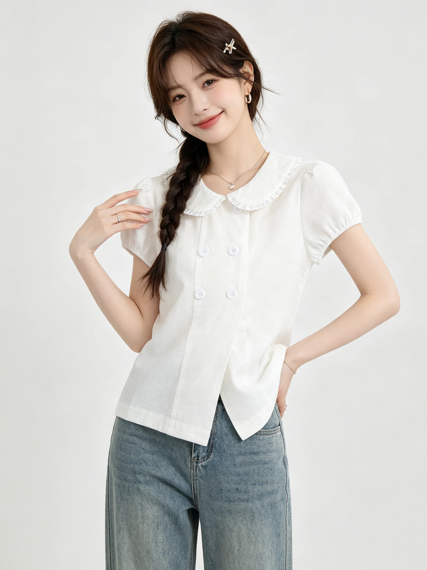

White Doll Collar Bubble Sleeve Shirt Women's Summer New Unique Beautiful Top Cotton Blend Short Sleeve Loose Fit Casual Wear