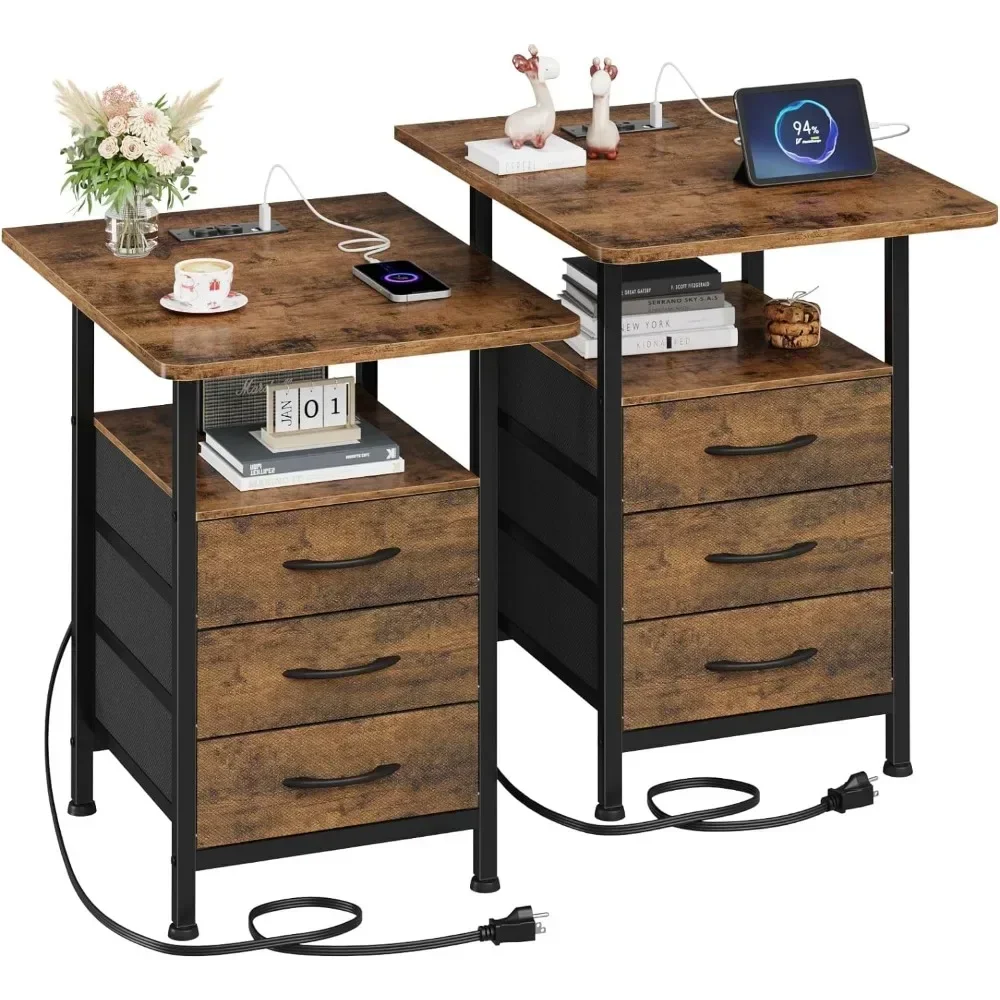 

Nightstand Set 2 with 19'' L Larger Tabletop and 3 Fabric Drawer, with Fast Charging Station, Side Tables for Bedroom