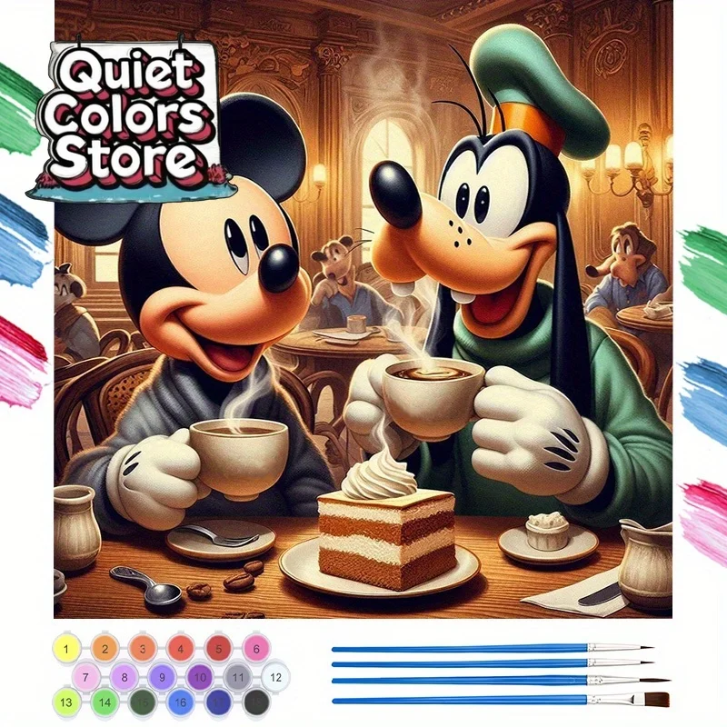 (Quiet Colors Store)1pc, Adult and Beginner Digital Painting Kit - Disney Café Mickey & Pluto, 40×40cm/15.7x15.7 Inches, DIY Ca