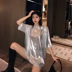 European Style Girls Streetwear Y2k Top Women Clothes Female Ladies Ins Spring Autumnr Chic Harajuku Sexy Shiny T-shirt BVA1260