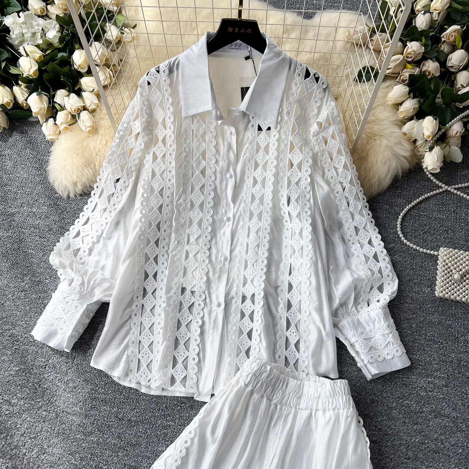 Hollow Out Flower Lace Patchwork Pants Sets Women Fashion Lapel Lantern Sleeve Tops + High Waist Wide Leg Trousers Two Piece Set