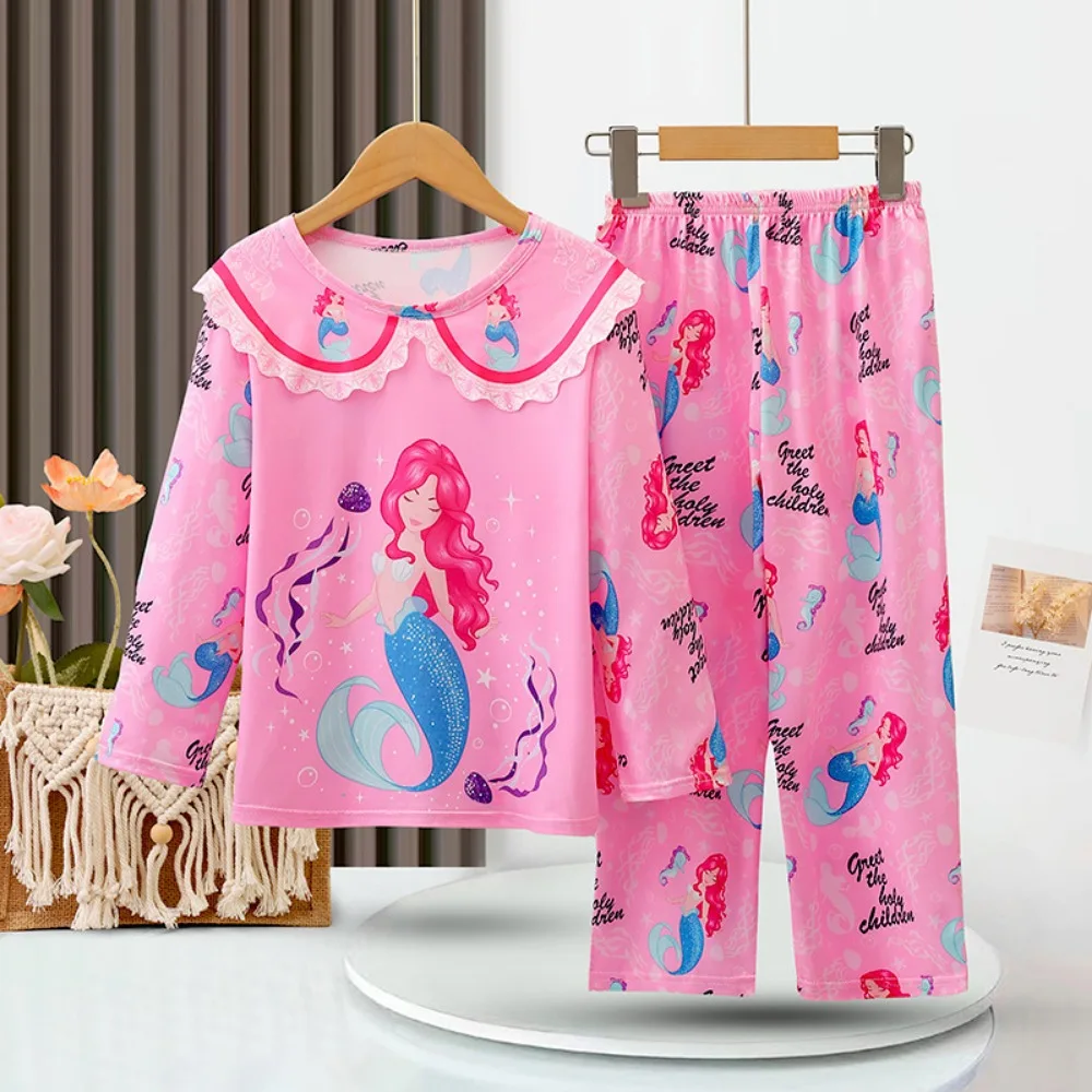 Disney Mickey Girls Pajama Sets Lace Neck Kawaii Cartoon Print Gal Pajamas Suit Soft Comfortable Breathable Homewear Sets