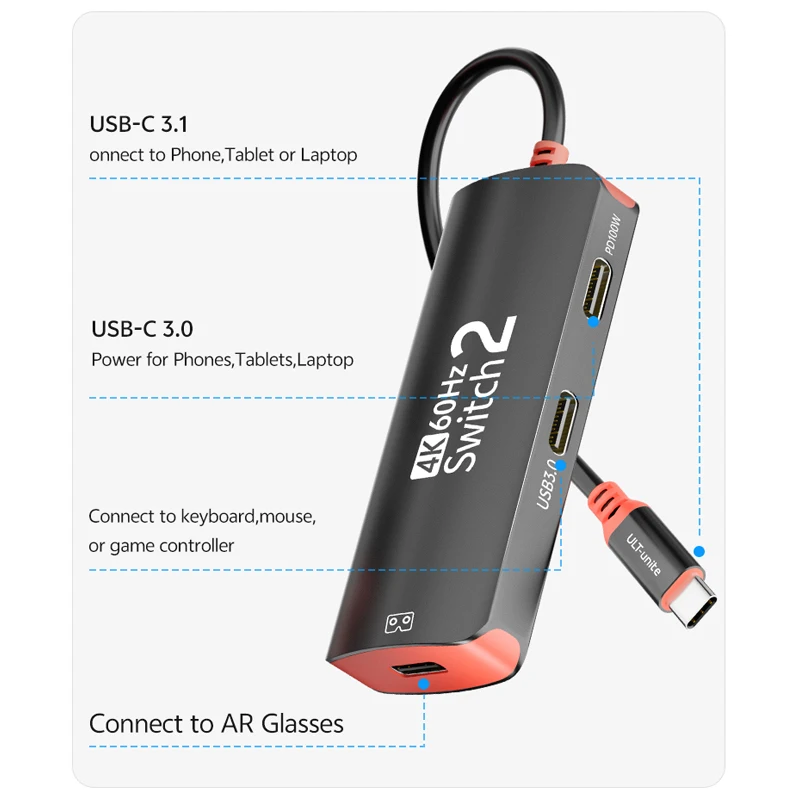 ニンテンドースイッチ2/OLED用4K 60Hz USB-Cハブ、2K120Hz Type-Cスイッチアダプター、10Gbps 100Wドッキングステーション（Steam Deck、ノートパソコン対応）