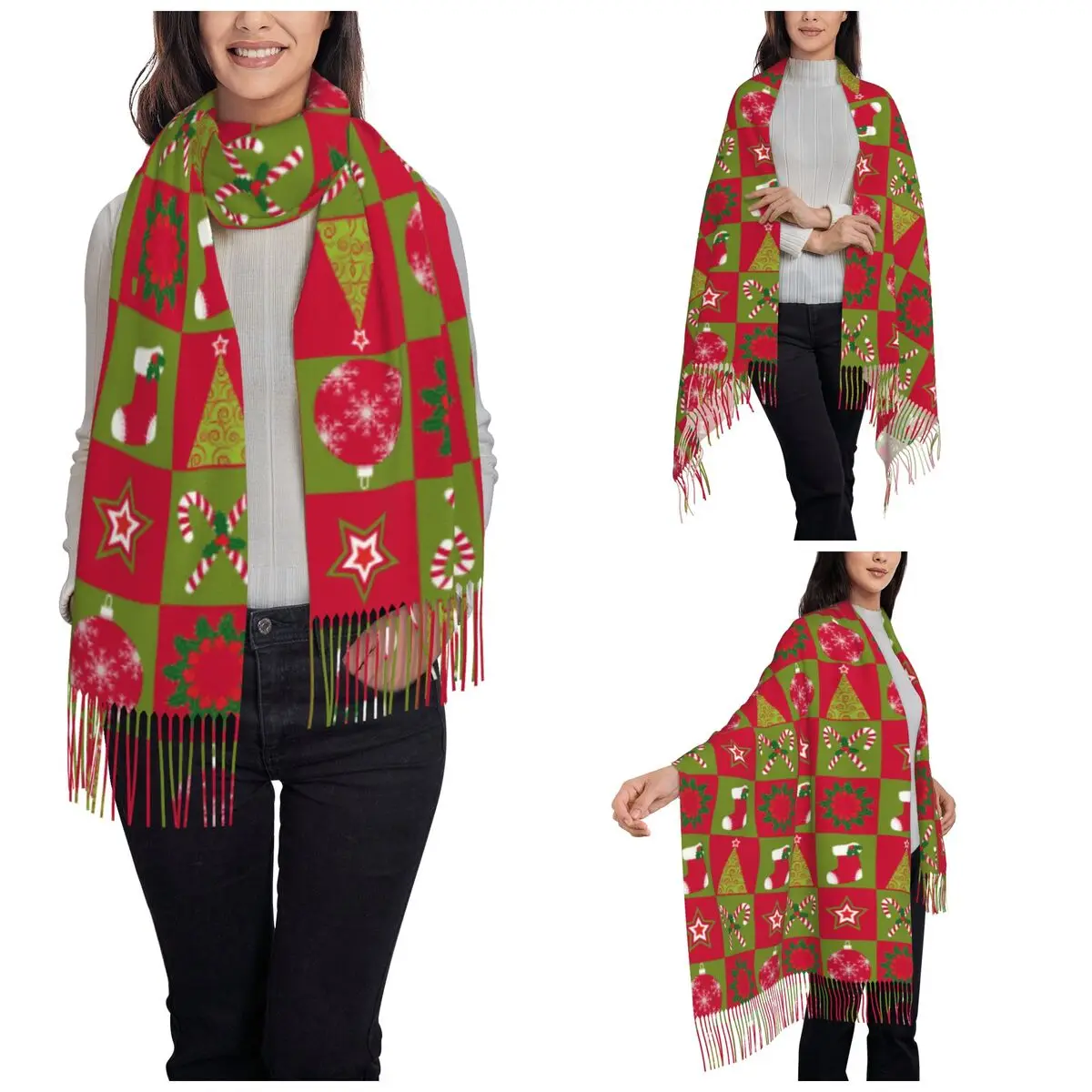 Red Christmas Plaid Pattern Shawl Wrap for Ladies Warm Long Soft Scarf New Year Pashmina Tassel Scarves