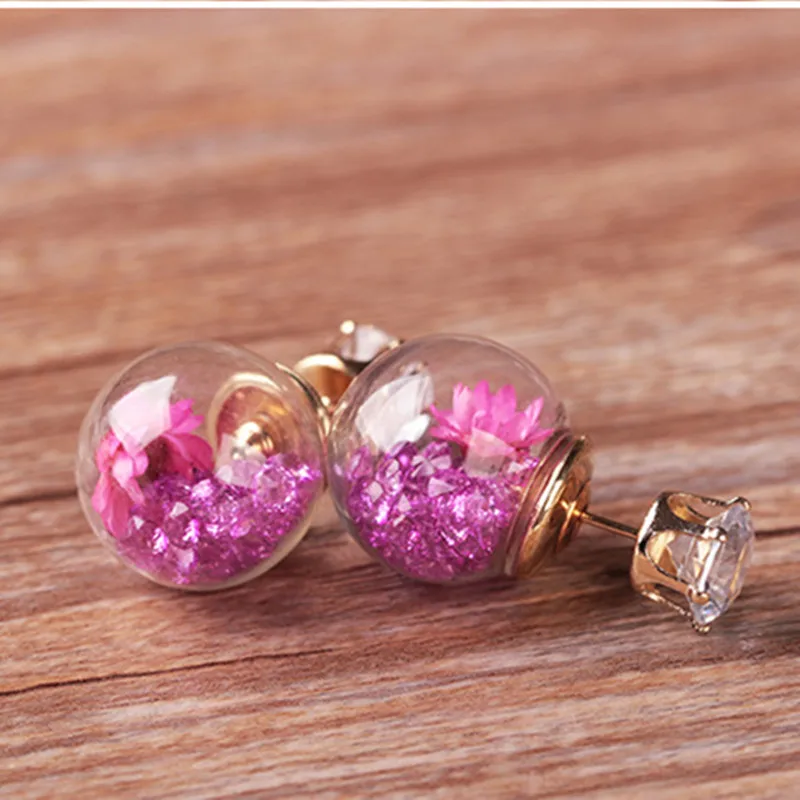 Fashion Simulated Glass Ball Earrings Flower Korea Jewelry Double Side Ball Stud Earring Statement For Women