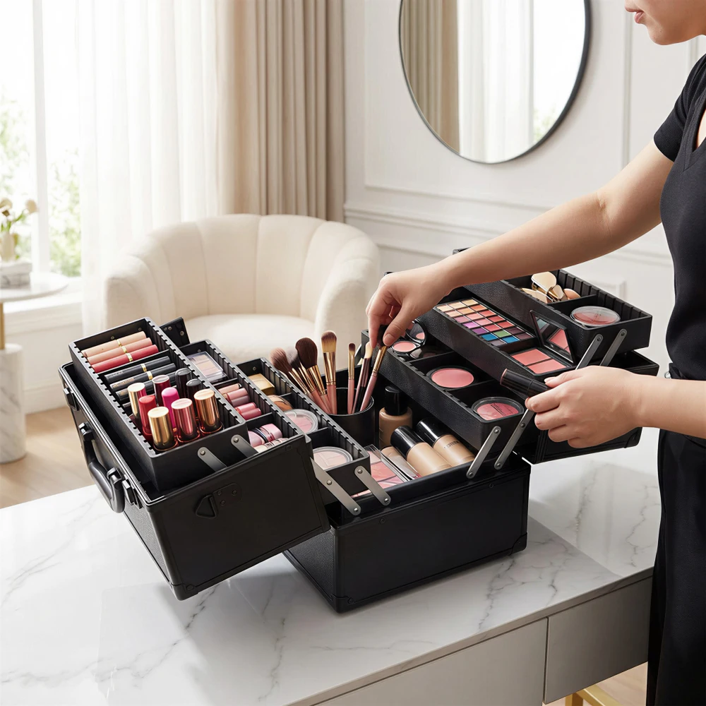 

Professional Large Makeup Train Case,14Inch Lockable Cosmetic Organizer Box with 6 Adjustable Trays and Spacious Compartments