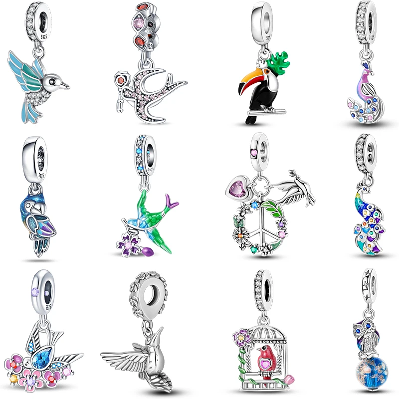 2025 New 925 Silver Parrot Hummingbird Owl Birds Fashion Design Charms Beads Fit Pandora Original Bracelets DIY Jewelry Gift