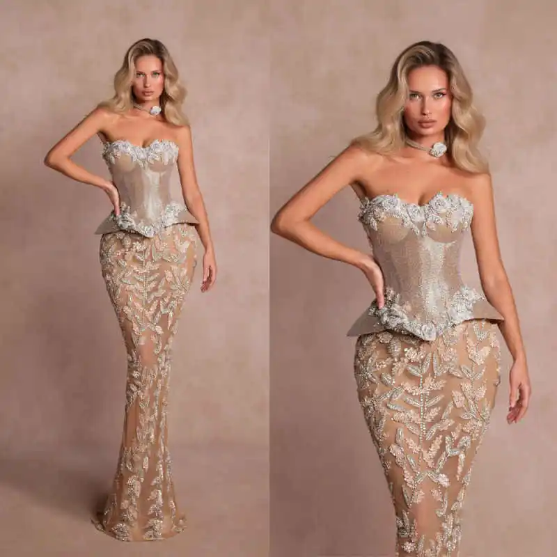 

Glitter Strapless Evening Dresses Customized Sexy Sequined Beaded Lace Prom Dress Appliques Floor Length Party Gown