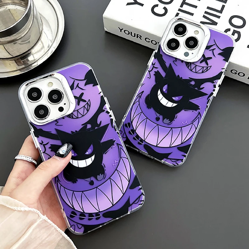 Luxury Pokemon G-Gengar Lens Protector Electroplate Phone Case For iPhone 15 14 13 12 11 Pro Max Cute Protective Back Cover