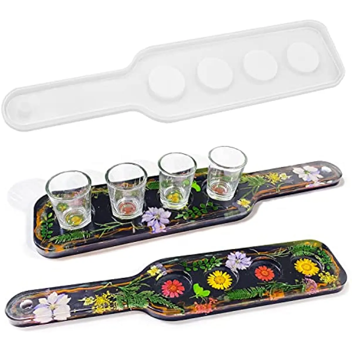 Shot Glass Serving Tray Mold, Shot Glass Holder Mold for Resin, 4 Holes Shot Glasses Tray Resin Mold, for Party Home Decor