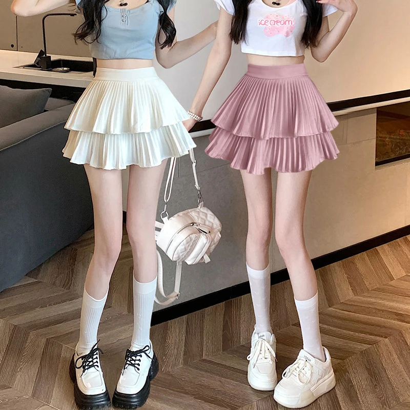 Double-layered Solid Colour High Waist A-line Hundred Mini Cake Skirt Including Safety Trousers Anti-glare Bustier Pleated Skirt