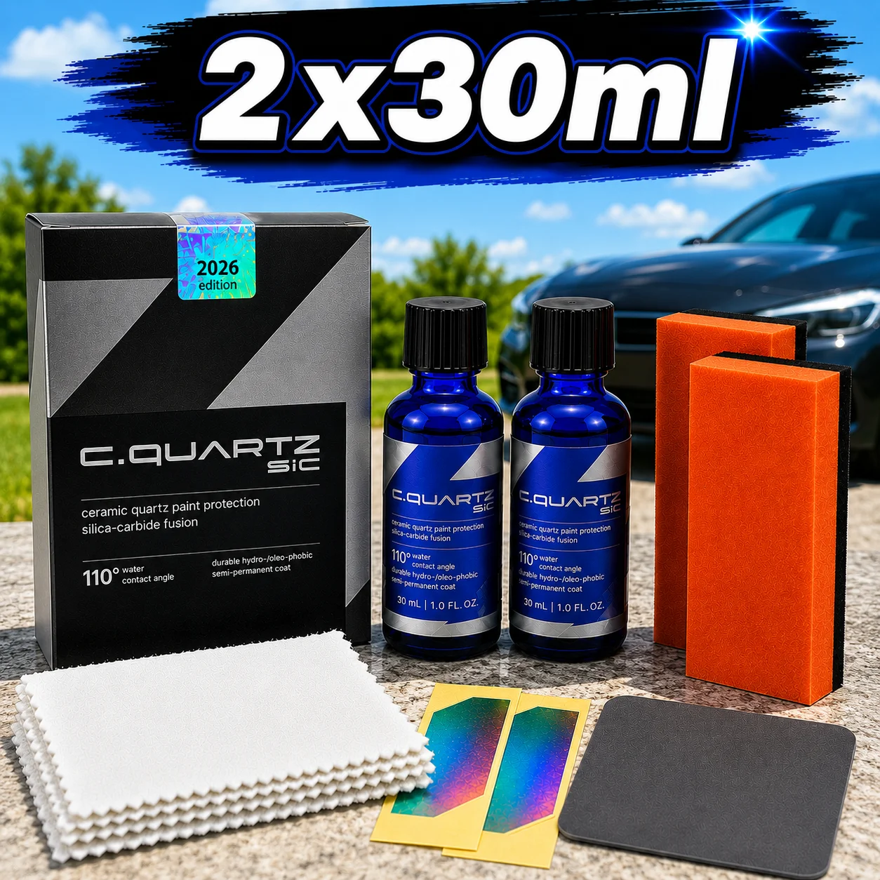 CQUARTZ SiC Kit - Car Ceramic Coating Finish, Quartz Based Nanotechnology, Bonds to Paint, Glass, Metal and Plastic