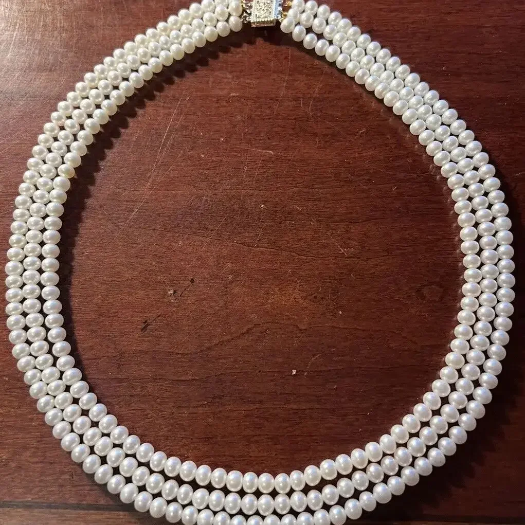 

3-рядное жемчужное ожерелье AAAA5-6 мм из натурального белого японского жемчуга Акойя, золото 14 карат, 18-19-20 дюймов