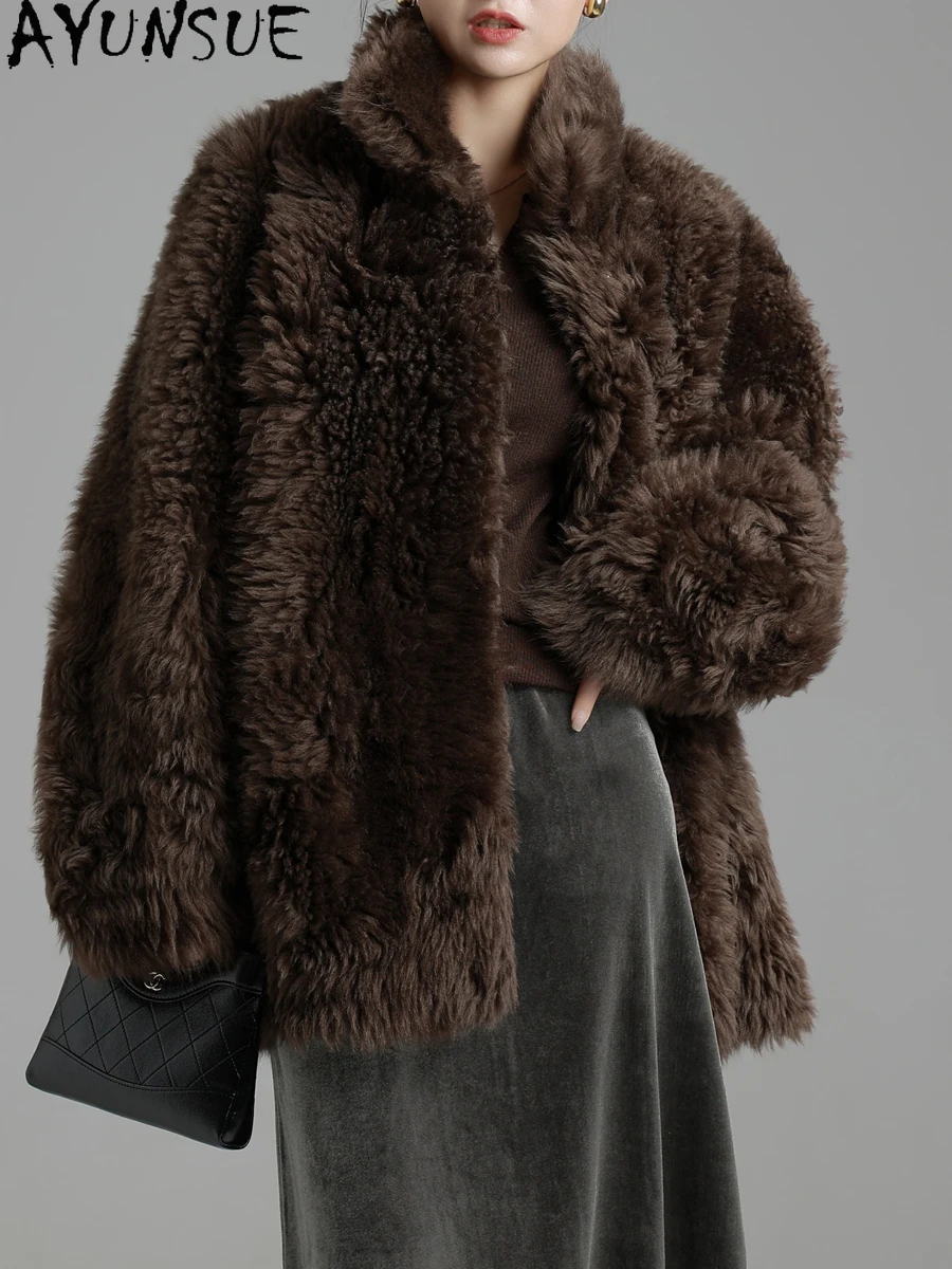 AYUNSUE 천연 양가죽 모피 코트 여성 미디 길이 진짜 가죽 재킷 따뜻한 진짜 모피 겨울 옷 여성용 2025