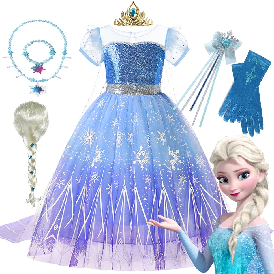 

Disney Girls Summer Forzen Elsa Dress Blue Sequined Mesh Ball Gown Carnival Party Birthday Princess Costumes 2-10 Years