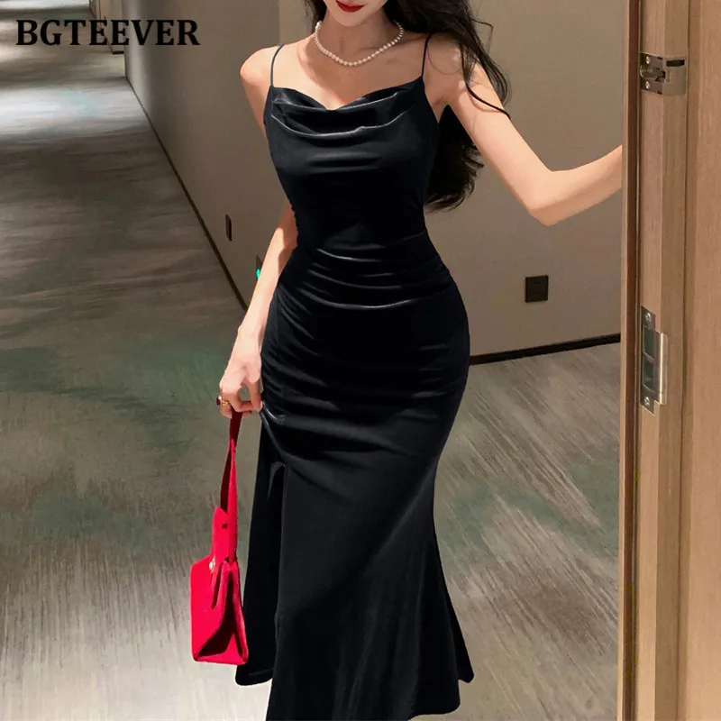 Bgteever vintage cintura fina pacote feminino hip vestido de veludo primavera verão lado split elegante senhoras sem mangas bodycon vestido