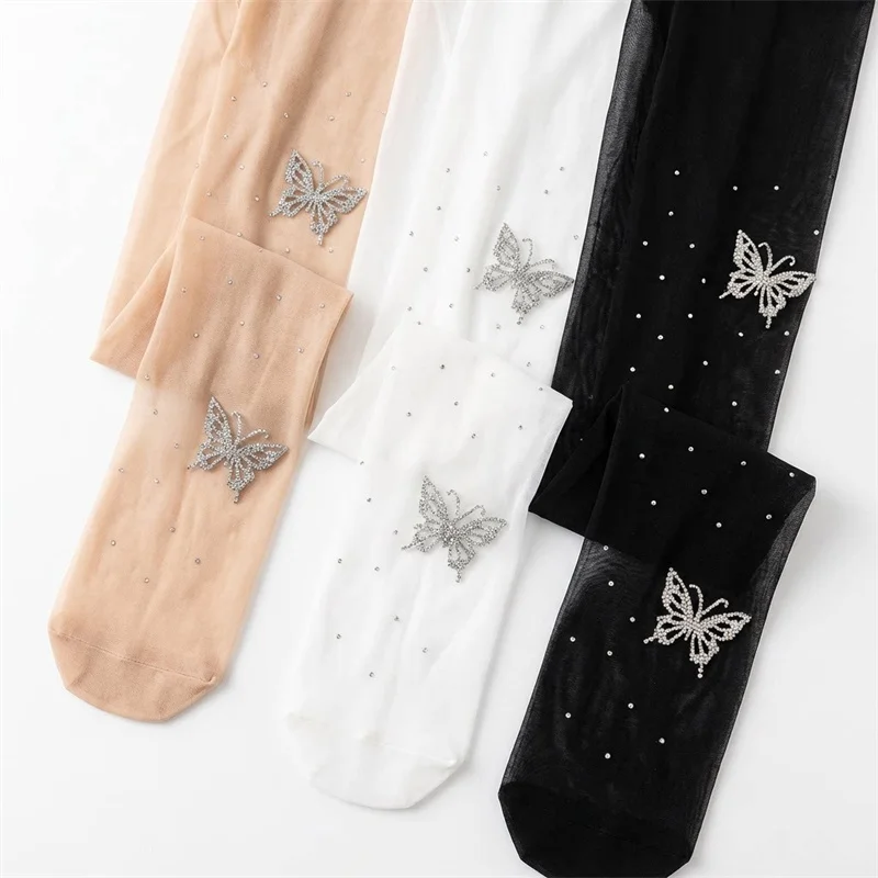 15D Süße Strass-Schmetterling Dünne Strümpfe Sexy Koreanische Mode Ins-Style Strumpfhose Damen Sommer Dünne Strumpfhosen