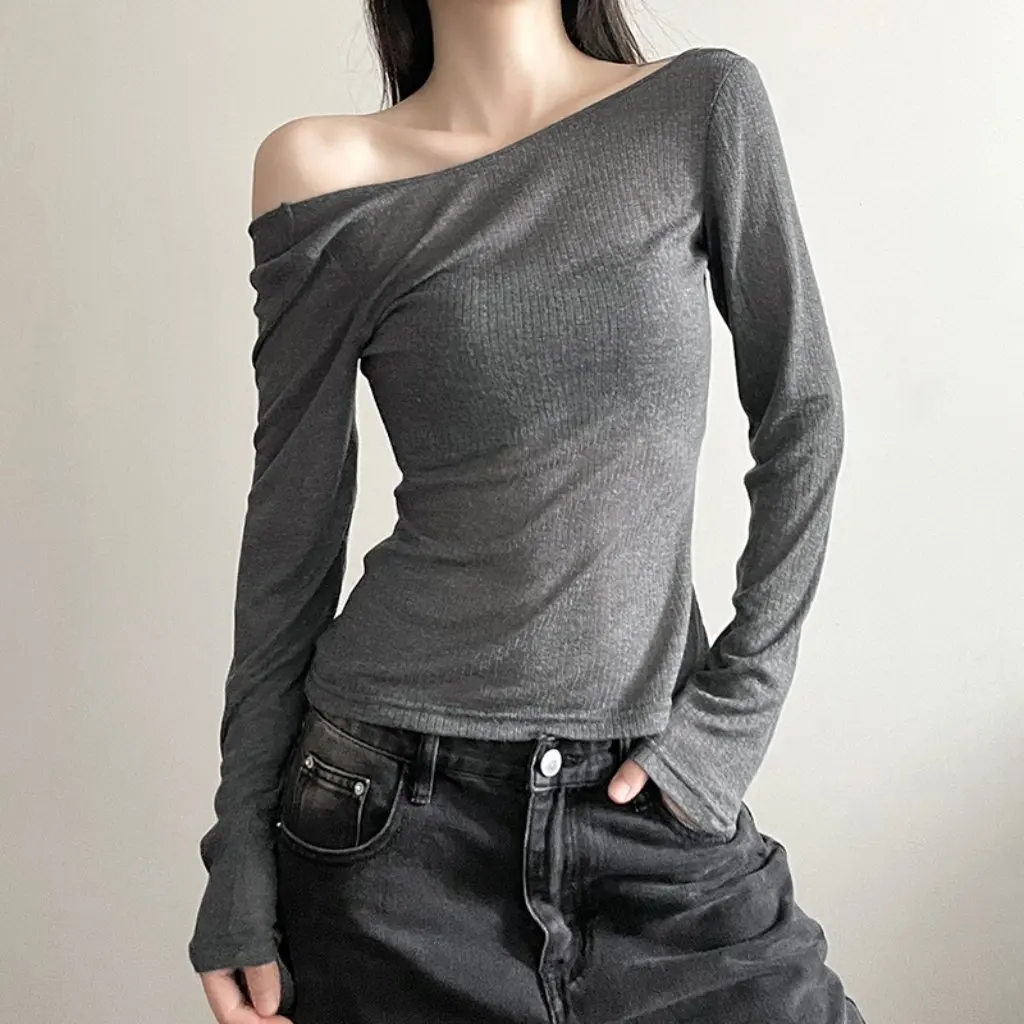 

Women's Elegant Slim T-Shirt European American Style Autumn New Off-Neck Lace-Up Backless Solid Color Commuter Top