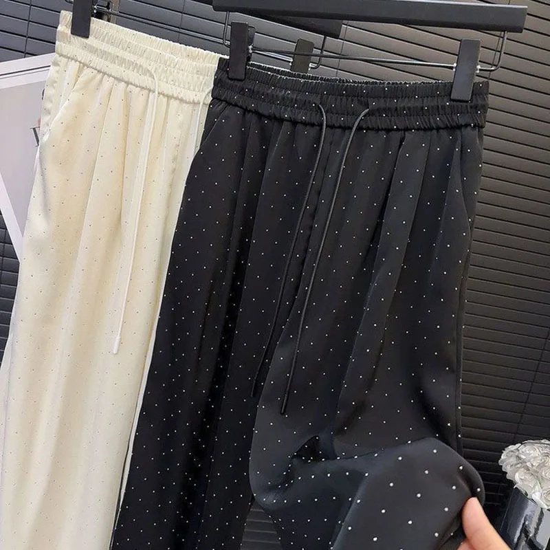 Lucyever High Quality Luxury Full Rhinestone Straight Pants Women Fashion High Waist Loose Wide Leg Trousers Solid Casual Pants