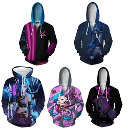 Lol arcane jinx cosplay zíper hoodies caitlyn vi traje de manga longa com capuz moletom casual streetwear roupas esportivas