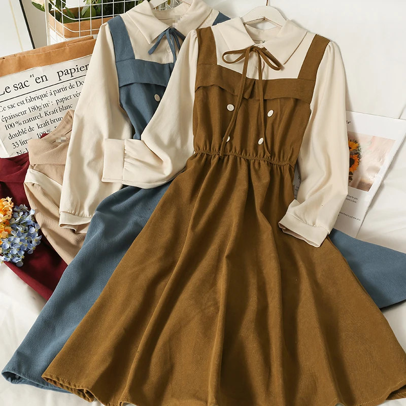 

Retro Contrasting Color Patchwork Lapel Dress Bow Tie High Waist Versatile Long Sleeved College Style Dresses Of Autumn/Winter