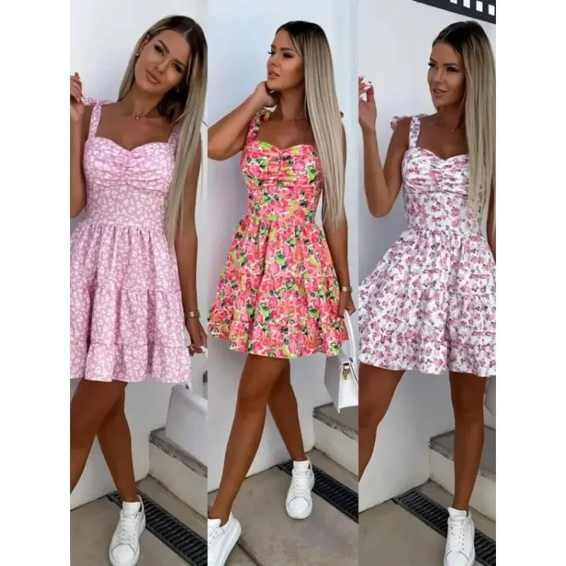 2023 Summer Fashion Short Boho Dress donna Mini abito con stampa floreale femminile senza maniche cintura appesa stampata abito piegato in vita