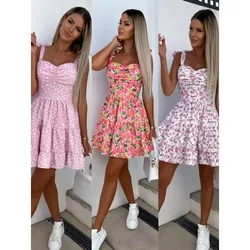2023 Summer Fashion Short Boho Dress Women Mini Floral Print Dress Female Sleeveless Hanging Belt Printed Waist Folded Dress