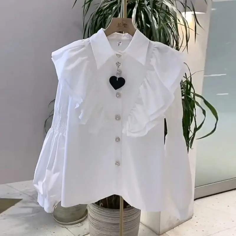 

Ladies Fashion White Ruffle Long Sleeve Blouse Women Spring Autumn New Loose Clothes Temperament Love Button Shirt Top Loose