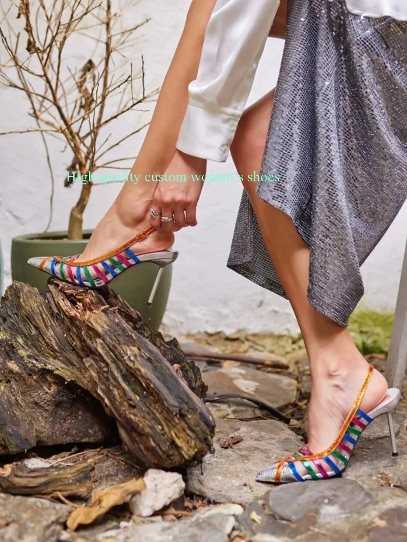 

Pointed rainbow colors Thin strap combination Shallow Summer sandals V-shaped opening stilettos Luxury women's high heels