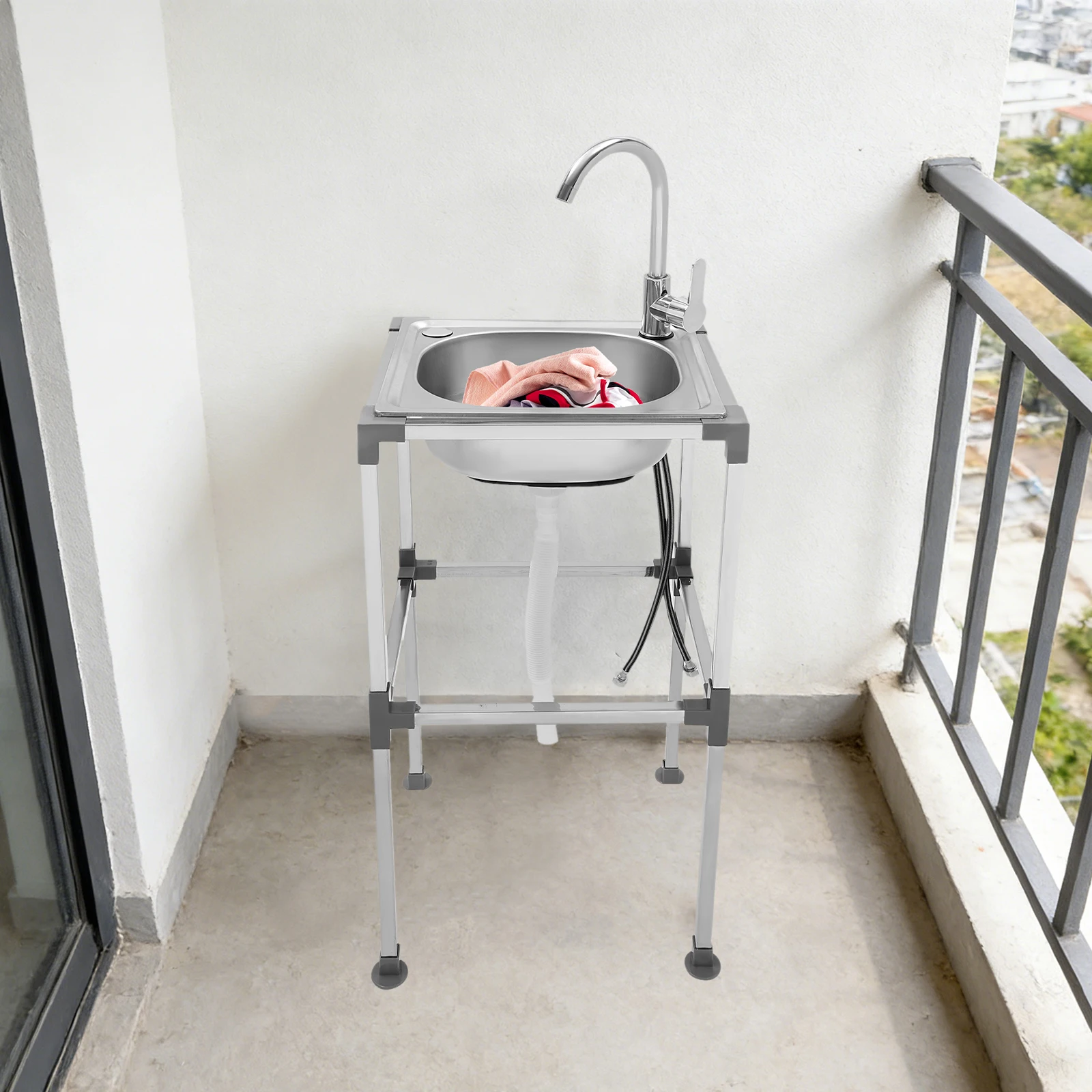 Fregadero de cocina de acero inoxidable, fregadero independiente multifuncional, fregadero comercial de acero inoxidable con grifo para acampar al aire libre