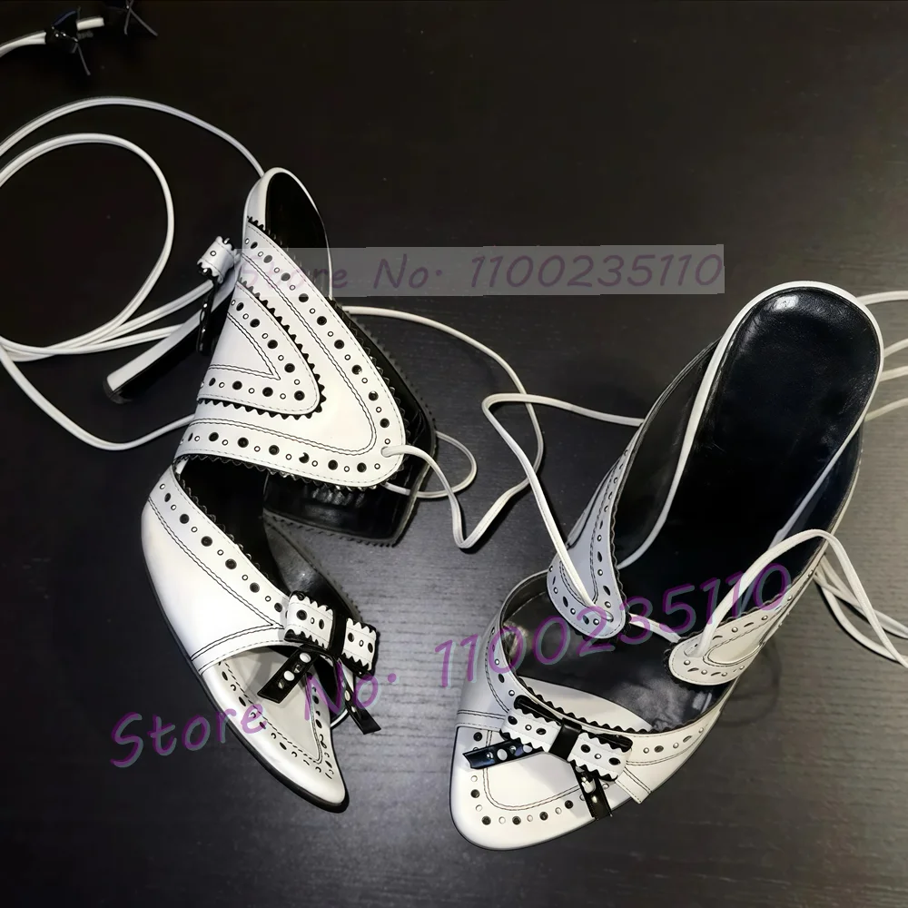 White Black Leather Studded Bow Decor Sandals Ladies Classy High Heels Cross Strap Shoes Party Luxury Lace Up Stiletto Shoes