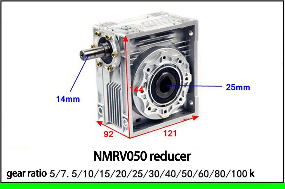 5:1-100:1 NRV50 Shaft Input Worm Gear Reducer, Input Shaft 14mm Output Hole 25mm, RV50 Hand Crank Turbine Reducer