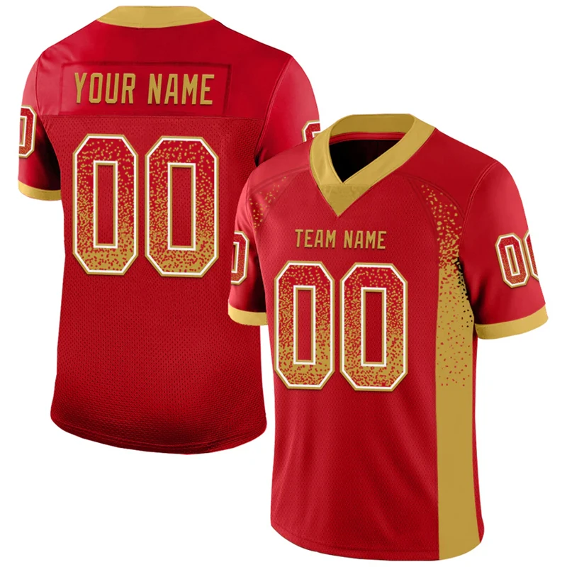 

Red Color Drift Fashion Football T Shirts For Men Custom Name Team Name Number V Neck Rugby T Shirts Loose Casual Sports Tees