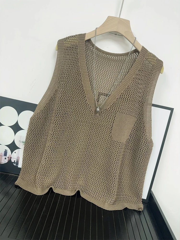 High Quality Summer Thin Cut Hollowed Out Linen Knit Vest Vest for Women's Outerwear, Loose Fitting Vest for Women's Outerwear