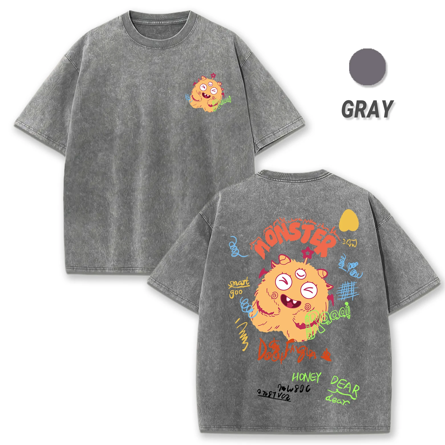 

Милая желтая плюшевая мужская стираная футболка с принтом «Маленький монстр», универсальный топ в стиле хип-хоп, повседневная хлопковая одежда, свободная футболка с круглым вырезом