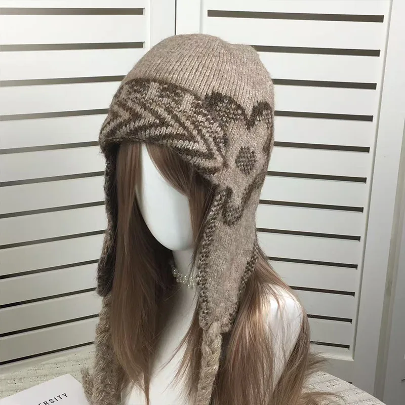 Herbst-Winter Koreanischer Stil Retro Jacquard Ohrenklappen-Strickmütze für Männer und Frauen Outdoor Mode Blumen-Jacquard Warme Bombermützen – Detail 2