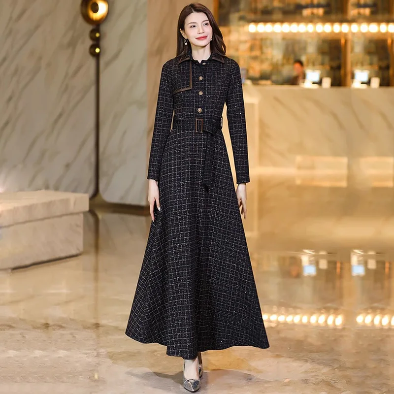 New Women Autumn Elegant Plaid Dress Fashion Turn-down Collar Long Sleeve Slim Waist Dress Exquisite Black Long Dress Spring