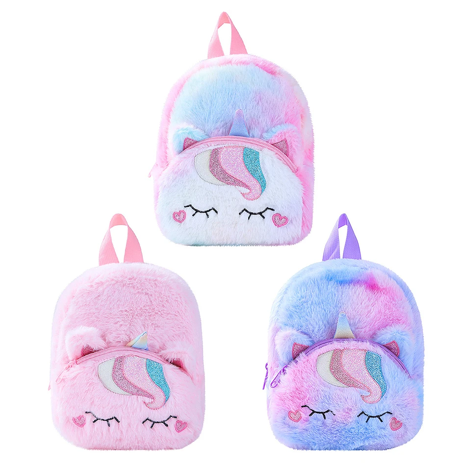 

Toddler Cute Cartoon Plush Backpack Girls Boys Unicorn Casual School Bag Fashion Fluffy Double Shoulder Bag Kids Birthday Gift