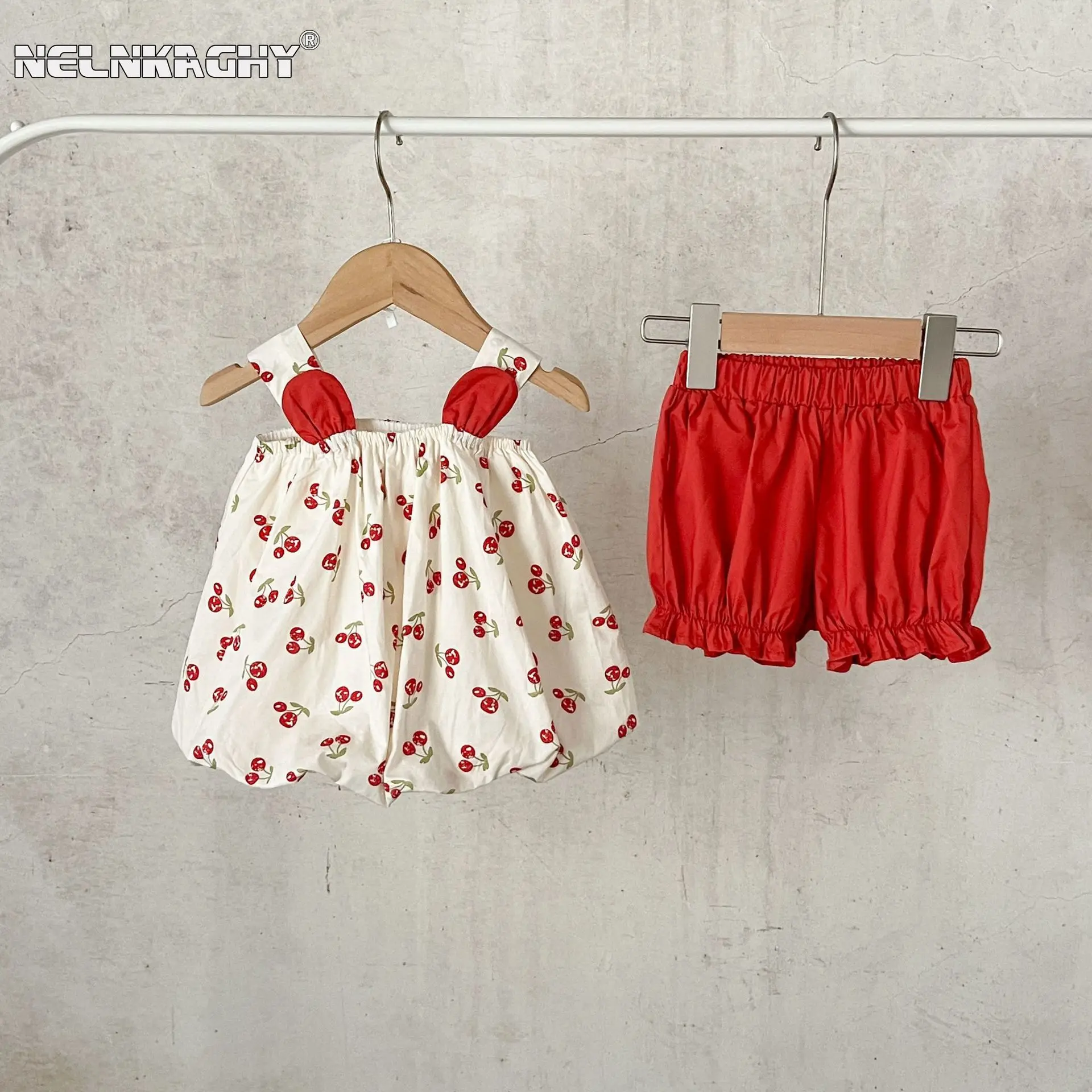 

2024 Summer New in Infant Baby Girls 100% Cotton Clothing Set 2pcs - Kids Newborn Off Shoulder Cherry Top Vest+shorts , 0-3Y