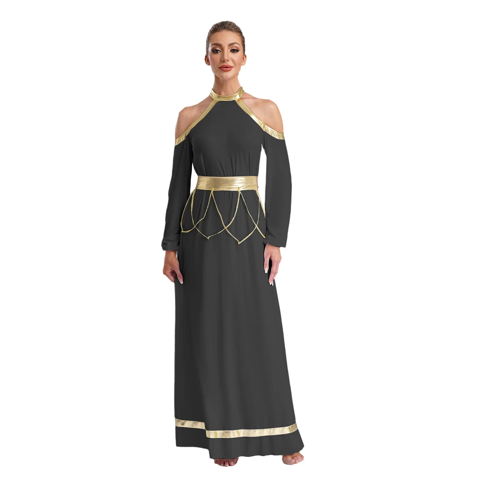 Women Liturgical Praise Robe Ballet Lyrical Dance Performance Costume Cold Shoulder Long Sleeve Metallic Trim Maxi Dress