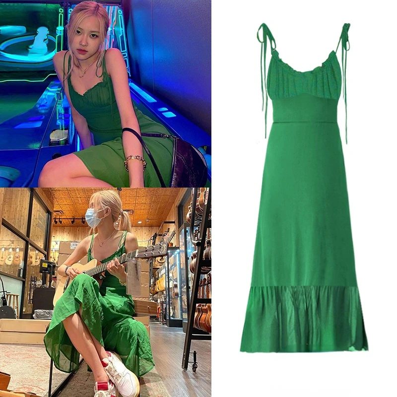 

Kpop Korea ROSE Jazz Dance Sexy Women Group Nightclub Green Deep V-Neck Tube Top dress Female Party Backless Mid-Length Dresses