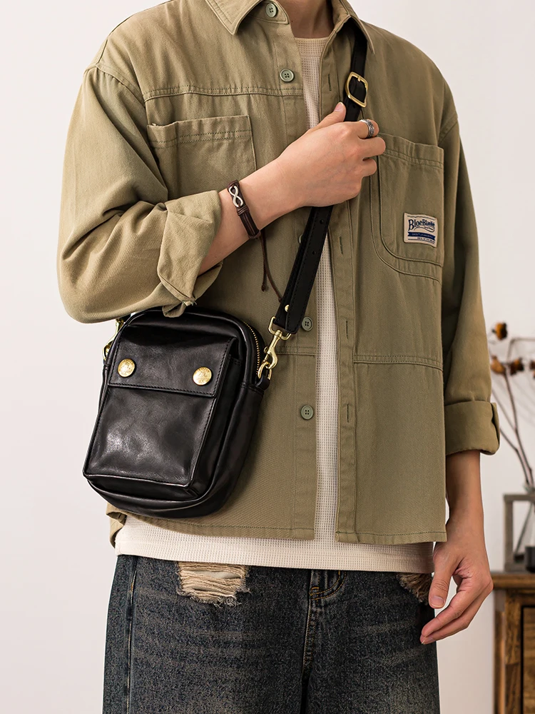 High-quality first layer cowhide men's small phone bag outdoor designer handmade genuine leather black shoulder crossbody bag