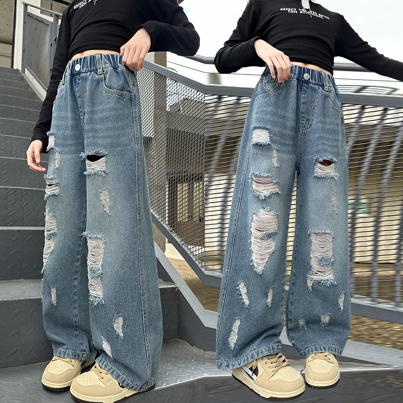 

New Autumn Kids Child Casual Straight Fit Ripped Jeans with Holes for Teenage Girl High Fashion Street Denim Pants Age 5 To 14 Y